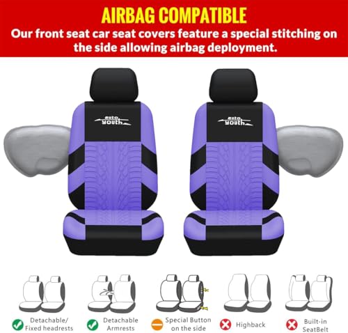 AUTOYOUTH Purple Seat Covers Front Seats Only, 3D Tyre Embossed Breathable Bucket Covers, Airbag Compatible, Quick Setup Universal Fit for Sedan, SUV, Truck, Van - color: Purple, size: Front Seats Only (4 pieces)