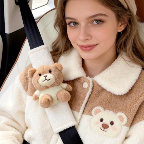 2 PCS Seat Belt Cover Pad, Cute Kawaii Animal Bear Seatbelt Covers for Kids and Adults, Winter Plush Fluffy Soft Seat Belt Cover, Cartoon Seatbelt Cushion,Car Seat Strap Pads (D-Bear) - color: D-Bear