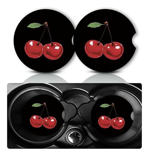 2Pack Cherry Car Cup Holder Coasters,Cars Coasters for Cup Holders,2.75" Universal Anti Slip Rubber Mat with Finger Slot,Cherry Car Accessories Interior Decor,Cherrys Gifts for Women,Men - color: Cherry