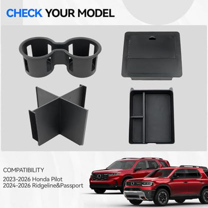 4PCS Center Console Organizer Tray for 2023-2026 Honda Pilot 2024-2026 Honda Ridgeline&Passport Accessories, Armrest Storage Box and Divider, Hidden Storage Box and Cup Holder - style: fit for Honda Pilot 2023-2026 Ridgeline & Passport 2024-2026