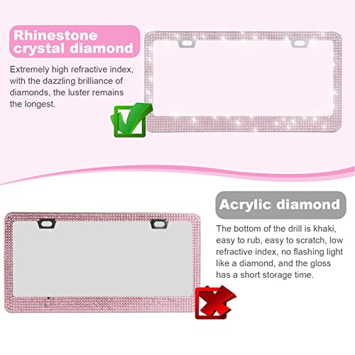 QUANQIUFEI 2 Pack Bling License Plate Frames for Women, Sparkly Rhinestone Diamond Car Accessories with Glitter Crystal Caps (Pink) - color: Pink