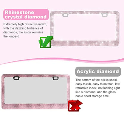 QUANQIUFEI 2 Pack Bling License Plate Frames for Women, Sparkly Rhinestone Diamond Car Accessories with Glitter Crystal Caps (Pink) - color: Pink