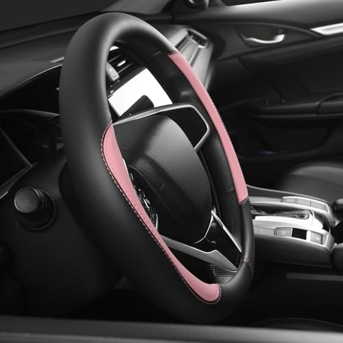 Car Steering Wheel Cover,Microfiber Leather Steering Wheel Cover Fit15.5-16 inch Large Size for F150 F250 F350 Ram Tacoma 4Runner Tundra Range Rover (Black&Pink) - color: Black&Pink, size: Large Size[15.5"-16"]