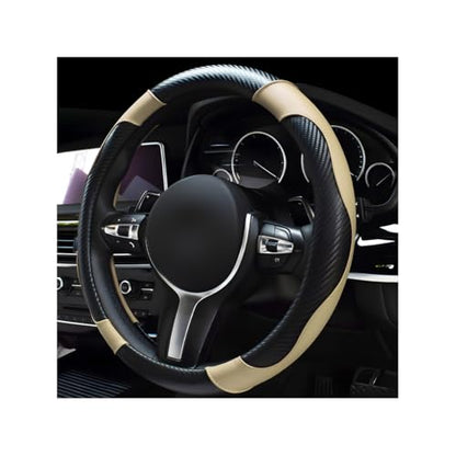 povtii Car Steering Wheel Cover, 15 Inch Leather Breathable Auto Steering Wheel Protector, Comfortable Non-Slip Vehicle Steering Wheel Covers, Universal Car Accessories (Beige, with Lining) - color: Beige, With Lining