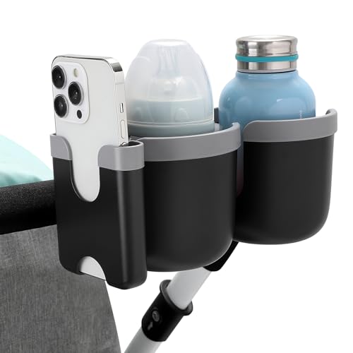 Accmor Stroller Cup Holder with Phone Holder, Bike Cup Holder, Universal Cup Holder for Uppababy Nuna Doona Strollers, 2-in-1 Cup Holder for Walker, Wheelchair, Scooter - color: Double Holder-Grey