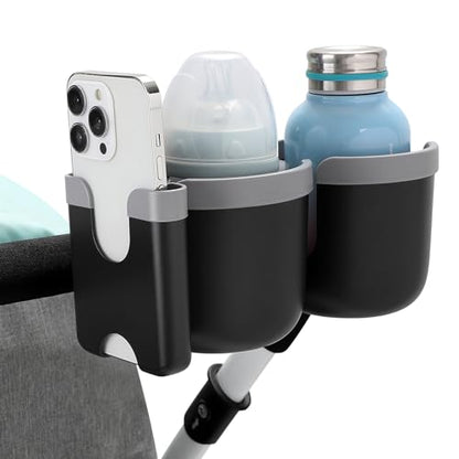 Accmor Stroller Cup Holder with Phone Holder, Bike Cup Holder, Universal Cup Holder for Uppababy Nuna Doona Strollers, 2-in-1 Cup Holder for Walker, Wheelchair, Scooter - color: Double Holder-Grey