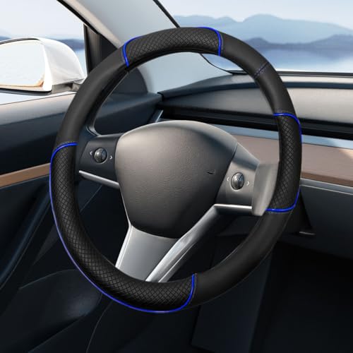 15 Inch Leather Car Steering Wheel Cover, Breathable Anti-Slip Automotive Steering Wheel Protector Accessories, Soft Comfortable Car Interior Decoration for SUV, Truck (Blue)