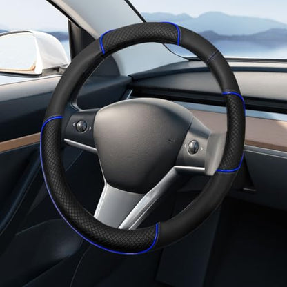 15 Inch Leather Car Steering Wheel Cover, Breathable Anti-Slip Automotive Steering Wheel Protector Accessories, Soft Comfortable Car Interior Decoration for SUV, Truck (Blue)