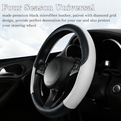 Black & White Car Steering Wheel Cover, Microfiber, Leather Patchwork, Universal 14.5-15 Inch Leather Anti-Slip Breathable Auto Steering Wheel Covers for Men Women - color: Black & White