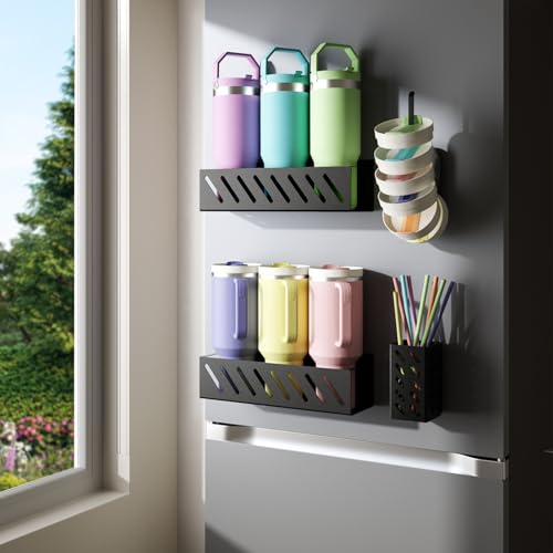 Magnetic Cup Organizer for Full Stanley 30/40 oz Tumbler, 2Pack Water Bottle Holder with Tumbler Lid & Straw Organizer, Ideal for Fridge and other iron surfaces, Flexible disassembly(Black) - size: 6 bottles