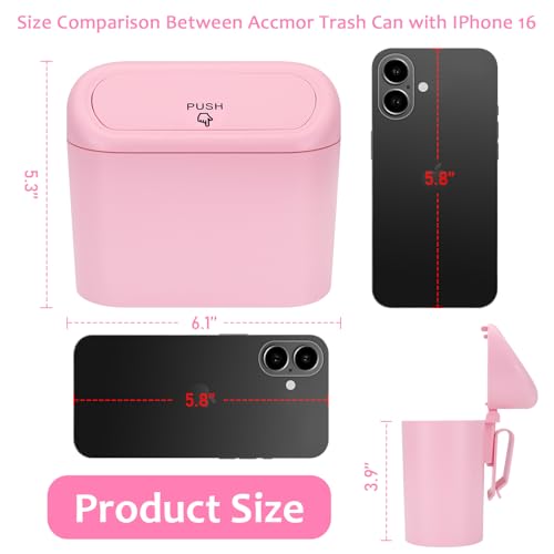 Accmor Car Trash Can with Lid, Vehicle Trash Bin Car Dustbin Garbage Organizer Holder with One Roll Trash Bag, Portable Hanging Mini Leakproof Cars Storage Bag Container for Auto, SUV, Office (Pink)