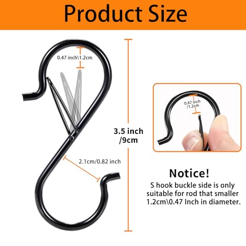 12 PCS S Hooks for Hanging with Safety Buckle, 3.5 inch Heavy Duty Metal S Shaped Hooks for Kitchen Utensil, Cups, Pots, Plants, Bags, Hats (Black) - color: Black