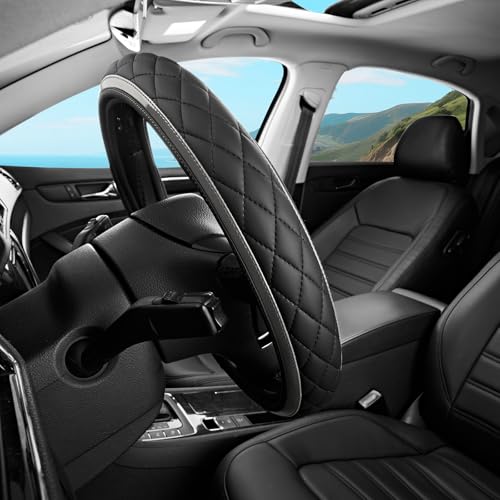 Road Comforts Leather Steering Wheel Cover – Black & Gray, Universal Fit 14.5-15 Inch, Microfiber Leather, Anti-Slip & Breathable Design for Men and Women - color: Gray