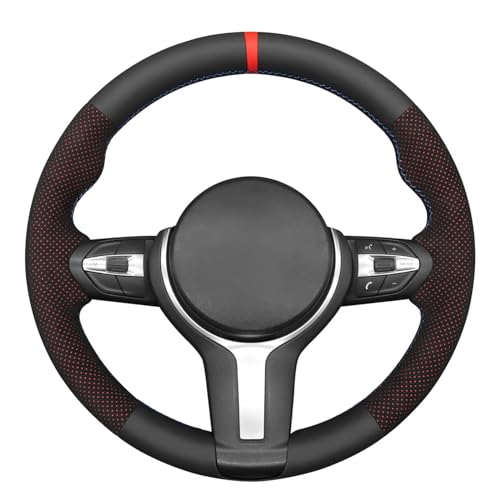 MEWANT Hand-Stitched Steering Wheel Cover for BMW (M Sport) F22 F23 F30 F34 F32 F33 F36 F10 F07 F12 F13 F06 F39 F25 F26 F15 F16, DIY Custom Fit Steering Wheel Wrap for BMW - color: 10:red mesh Athsuede&Black Real Leather