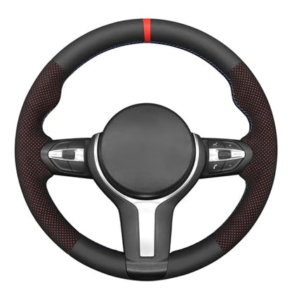 MEWANT Hand-Stitched Steering Wheel Cover for BMW (M Sport) F22 F23 F30 F34 F32 F33 F36 F10 F07 F12 F13 F06 F39 F25 F26 F15 F16, DIY Custom Fit Steering Wheel Wrap for BMW - color: 10:red mesh Athsuede&Black Real Leather