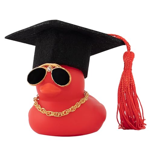 wonuu Car Dashboard Decor Graduation Hat Color Rubber Duck, Car Ducks Ornaments with Mini Graduation Hat Necklace Sunglasses (Red) - color: Red, style: Soild