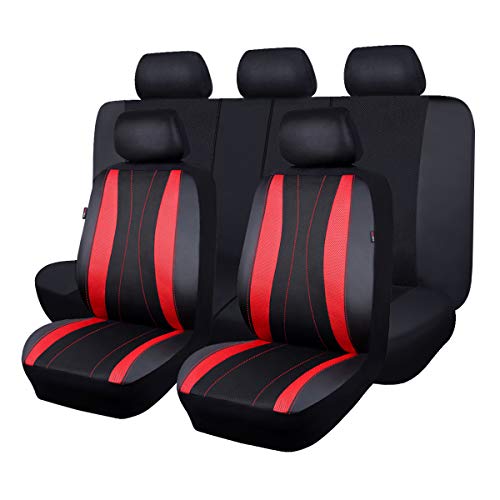 Flying Banner car seat Covers Full Set Faux Leather Air Mesh Breathable Man Lady Airbag Compatible Rear Bench Split 40/60 50/50 60/40 Truck Pick Up (Full Set - Low Back, Black Red) - color: Black Red