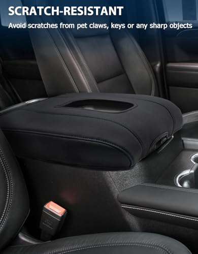 Center Console Armrest Cover for Chevy Silverado 1500 Accessories & GMC Sierra 2019-2026, Yukon & Tahoe & Suburban 2021-2026, Bucket Seat, PU Leather Middle Console Lid Cover Pad, Black-Blue Stitch - color: Black blue