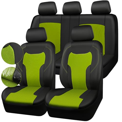 CAR-GRAND Leather Car Seat Covers Full Set, Airbag Compatible Breathable Air Mesh Car Seat Covers, Universal Fit Seat Covers Protector for Cars Trucks SUV Pick-up Sedan Interior (Black Green) - color: Black+Green, size: Full Set