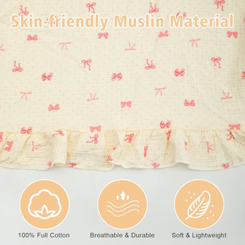 Baby Car Seat Cover for Girls,100% Muslin Cotton Breathable Infant Car Seat Canopy with Cute Bow & Elegant Ruffle, 360° Privacy Nursing Cover, Stroller Cover Protection from Sunlight Dust - color: Bow
