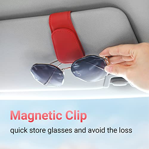 Sunglass Holder for Car Visor Sunglasses Clip Magnetic Leather Glasses Eyeglass Holder Interior Car Accessories for Woman Man - 2 Packs Red - color: Red