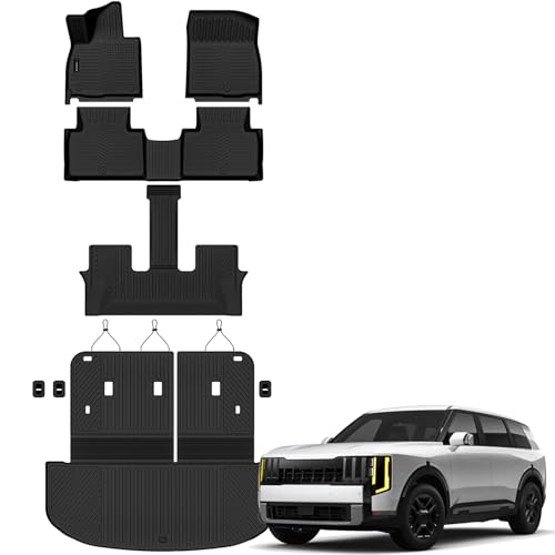 Auxko All Weather Floor Mats Cargo Mat with Backrest Mat for Kia Telluride 2027 (Gasoline Not for Hybrid) 7&8 Seater TPE Accessories Odorless Floor Liner Trunk Liner with Back Seat Protector - size: telluride gas|2027|floor+cargo+backrest mat