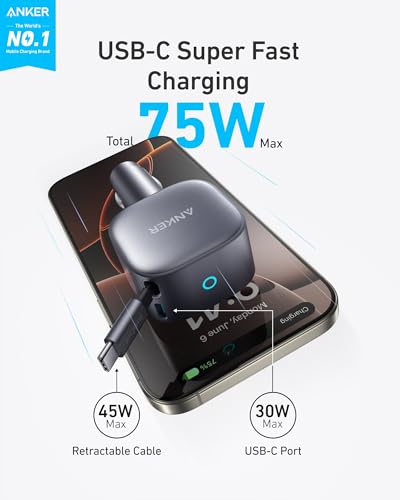 Anker Retractable USB-C Car Charger, 75W Max Fast Charging with Built-in Retractable Cable Car Adapter, Car Accessories for iPhone 17/16 Series, Galaxy S25/S24, MacBookPro/Air, iPad, and More