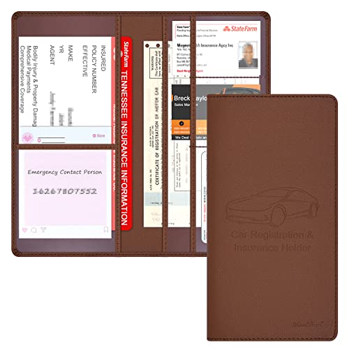 Car Insurance and Registration Holder, 9.5 x 5 Inch PU Leather Vehicle Glove Box Organizer Wallet Case for Insurance Card, Driver License, Paperwork - Brown - color: Brown