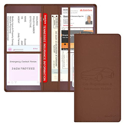 Car Insurance and Registration Holder, 9.5 x 5 Inch PU Leather Vehicle Glove Box Organizer Wallet Case for Insurance Card, Driver License, Paperwork - Brown - color: Brown