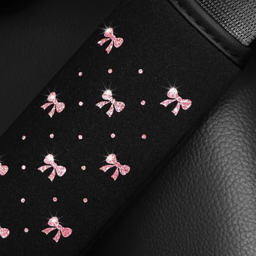 Bling Car Seat Belt Cover, 2PCS Rhinestone Cute Bow Comfort Vehicle Seatbelt Shoulder Pad, Diamond Automotive Interior Harness Neck Cushion Protector Accessories, Universal Fit (Pink)