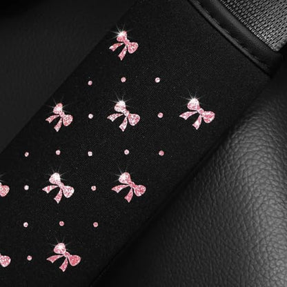 Bling Car Seat Belt Cover, 2PCS Rhinestone Cute Bow Comfort Vehicle Seatbelt Shoulder Pad, Diamond Automotive Interior Harness Neck Cushion Protector Accessories, Universal Fit (Pink)