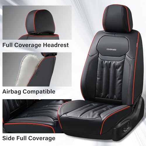 Coverado Car Seat Covers, Nappa Leather Waterproof Seat Cover, Car Seat Protector, Automotive Seat Covers Universal Fit for Most Cars, (Front, Black&Red Line)