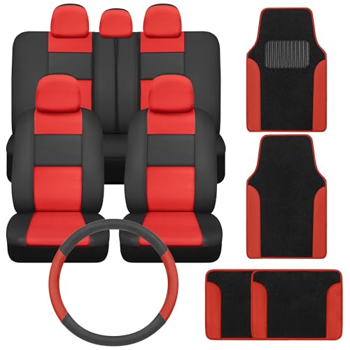 PU Leather Car Seat Covers w/Two-Tone Carpet/Vinyl Trim Car Floor Mats – Front and Back Split Bench Seat Covers, Steering Wheel Cover, Floor Mats (Black/Red) - color: Red