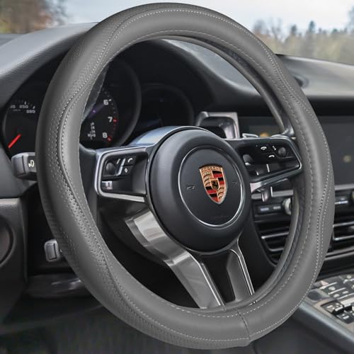 HAOKAY Top Grade Gray Genuine Leather Steering Wheel Cover Men Women, Luxury Steering Wheel Cover for Cars, SUVS and Trucks, Universal 14.5-15 inch - color: GRAY