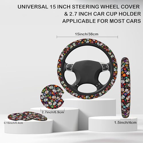 Day of The Dead Sugar Skull Steering Wheel Cover with 2 Pcs Car Coasters Neoprene Steering Wheel Cover for Women Men Anti-Slip Breathable Car Accessories Universal 15 Inch Fit Auto Cars Trucks - color: Day of the Dead Sugar Skull