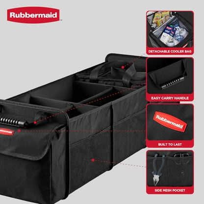 Rubbermaid Car Organizer, Collapsible Trunk Organizer with Removable Leakproof Cooler Bag without Lid, Multi-Compartment Car Storage Organization for Car Accessories, 5 Compartments Without Cover,