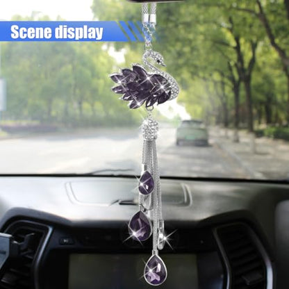 Bling Swan Car Hanging Ornament, Cute Crystal Rhinestone Car Rear View Mirror Accessories, Double Sided Car Decorations Pendant, Car Mirror Hanging Charm for Women Girls (Purple)