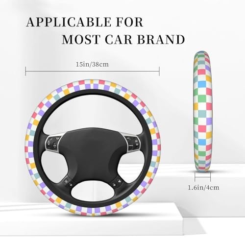 Checkered Steering Wheel Cover for Women,Universal Auto Steering Wheel 14-15 Inch Car Interior Accessories with 2PCS Car Coasters,Suitable for Men and Women - color: Colorful