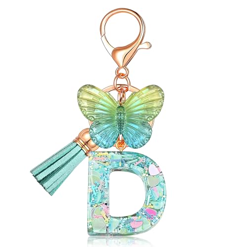 JINGUAZI Initial letter Keychains for Women Tassel Butterfly Pink Purple Cute Car Keychain for Wallet Backpack bag charm - color: D-green