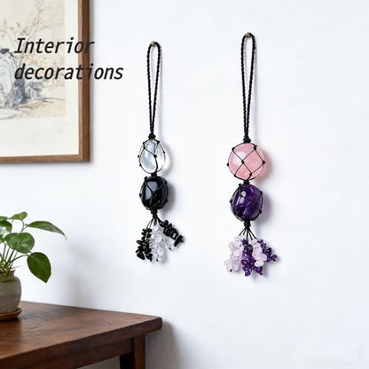 2PCS Natural Crystal Decorative Stone Car Hangings for Good Luck, Protection, Positive Energy, with Stone Chips Fringe, Car Rearview Mirrors and Home Decor Hanging Ornaments