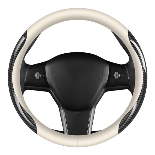 Nappa Leather car Steering Wheel Cover,Carbon Fiber Sports car Interior Non-Slip Ultrathin 15 inches Universal (White) - color: WHITE
