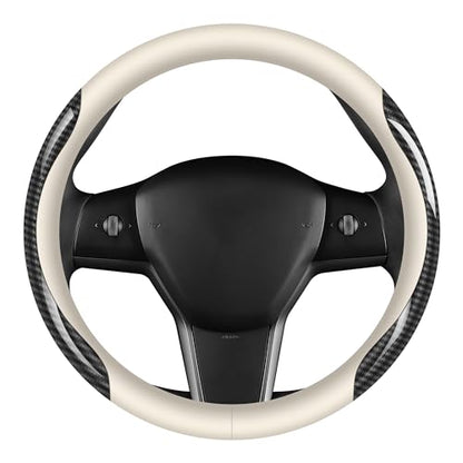 Nappa Leather car Steering Wheel Cover,Carbon Fiber Sports car Interior Non-Slip Ultrathin 15 inches Universal (White) - color: WHITE