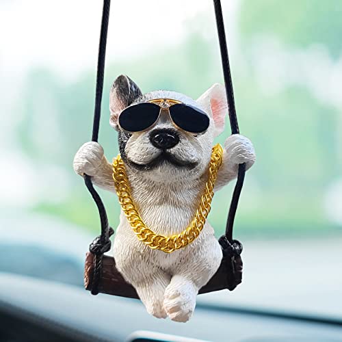 Swinging Dog Car Hanging Ornament, Cute Bulldog Car Mirror Hanging Accessories, Rear View Mirror Accessories Automotive Interior Decorations for Women/Men, Small Gifts - color: Dog- White