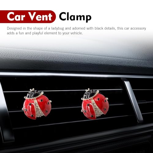 2 PCS Bling Car Air Vent Clips, 3D Rhinestone Lady Beetle Straight Outlet Ornament, Alloy Rustproof Refillable Diffuser Clip, Interior Decoration Part for Woman Girls (Red)