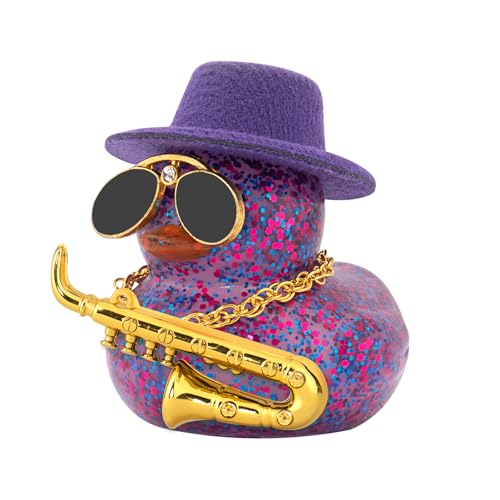 wonuu Car Decoration Saxophone Rubber Ducks, Dashboard Decor Duck Car Ornaments with Mini Top Hat Necklace Sunglasses, Dark Purple - color: Dark Purple, style: Glitter