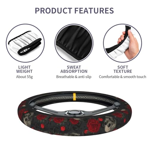 Halloween Skull Steering Wheel Cover Elastic Non-Slip Car Steering Wheel Covers with Seat Belt Shoulder Pad for Women Men - color: Halloween Skull