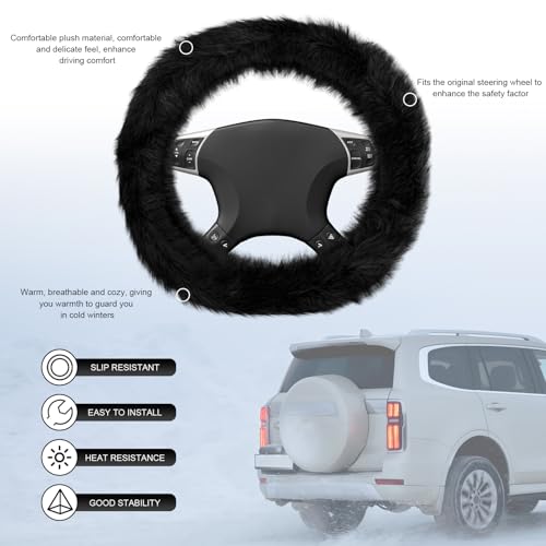 Fluffy Steering Wheel Cover, 15 Inch Anti-Slip Microfiber Plush Fuzzy Steering Wheel Cover, Winter Warm Elastic Fuzzy Steering Wheel Covers for Women and Men, Car Accessories (Black) - color: Black
