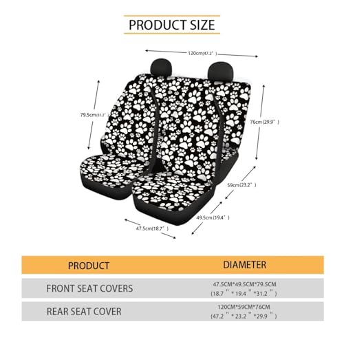 Dog Paw Print Car Seat Covers Full Set 4 Pieces White Dog Paw Car Accessories Auto Front Rear Seat Cover Split Bench Back Protector Automotive Cushion Pads Universal Fit for Cars Truck SUV - color: Dog Paw Print