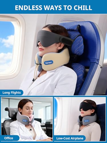SARISUN Neck Pillow Airplane,Travel Pillow with Strap, Combo with 3D Eye Mask for Sleep, Dual-Density Supportive Foam Airplane Pillow for Long Flights, Car Road Trip Travel Essentials Grey