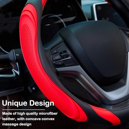 Concave Convex Massage Black Red Microfiber Leather Steering Wheel Cover, 14.5-15 Inch Non-Slip Breathable Microfiber Car Steering Wheel Protector - color: Embossed Massage - Black Red